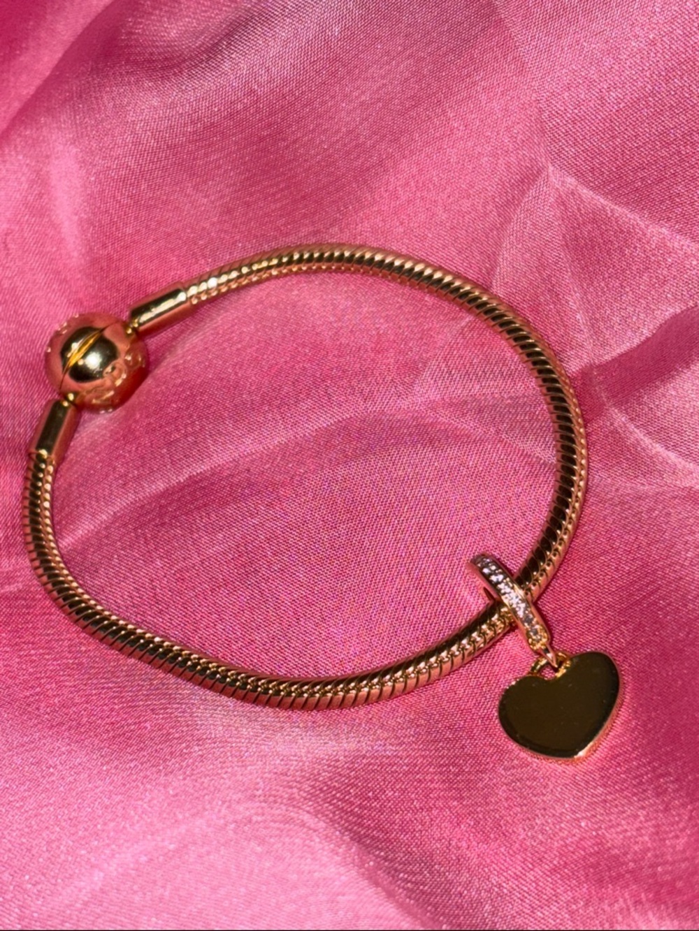 GOLD PANDORA Snake Chain Bracelet with HEART TAG DANGLE CHARM